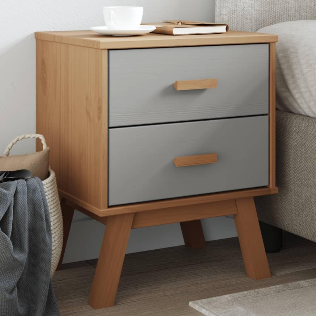 vidaXL Olden Bedside Cabinet - Solid Pine Wood Nightstand with 2 Drawers, Scandinavian Style, Wooden Feet, Gray/Brown Finish, Bedroom/Living Room Decor